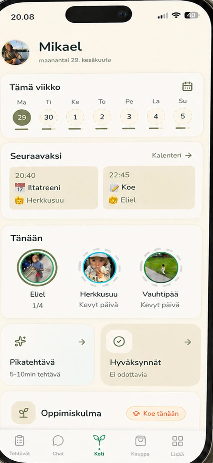Taimin vanhemman etusivu: viikkokalenteri, seuraavat tapahtumat, lasten päivä ja hyväksyntää odottavat asiat.