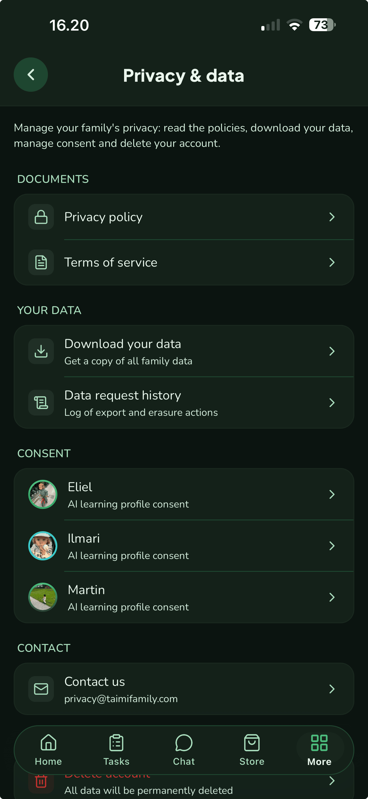 Taimi's Privacy and data view, where family documents, personal data and consent can be managed.