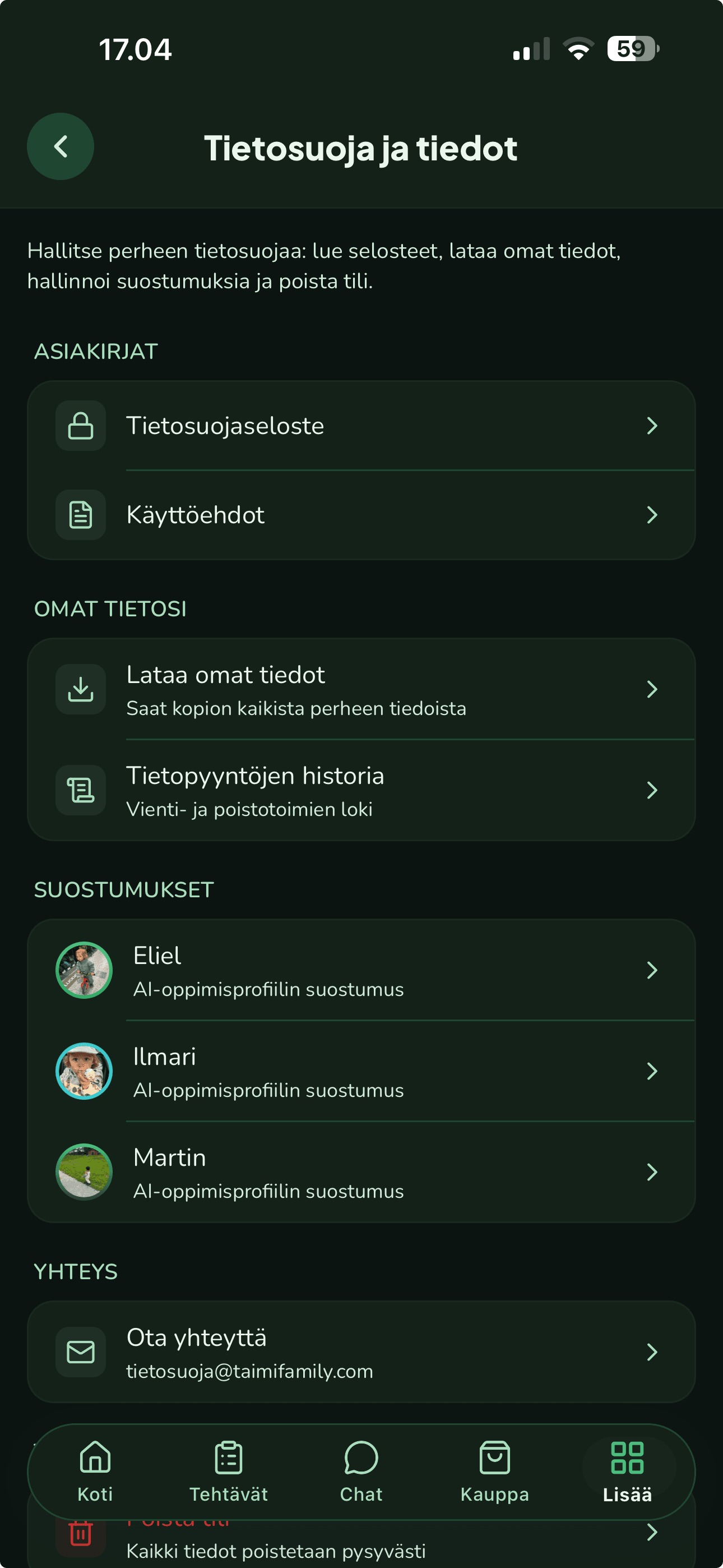 Taimin Tietosuoja ja tiedot -näkymä, jossa näkyvät asiakirjat, tietopyynnöt, suostumukset ja yhteystiedot.