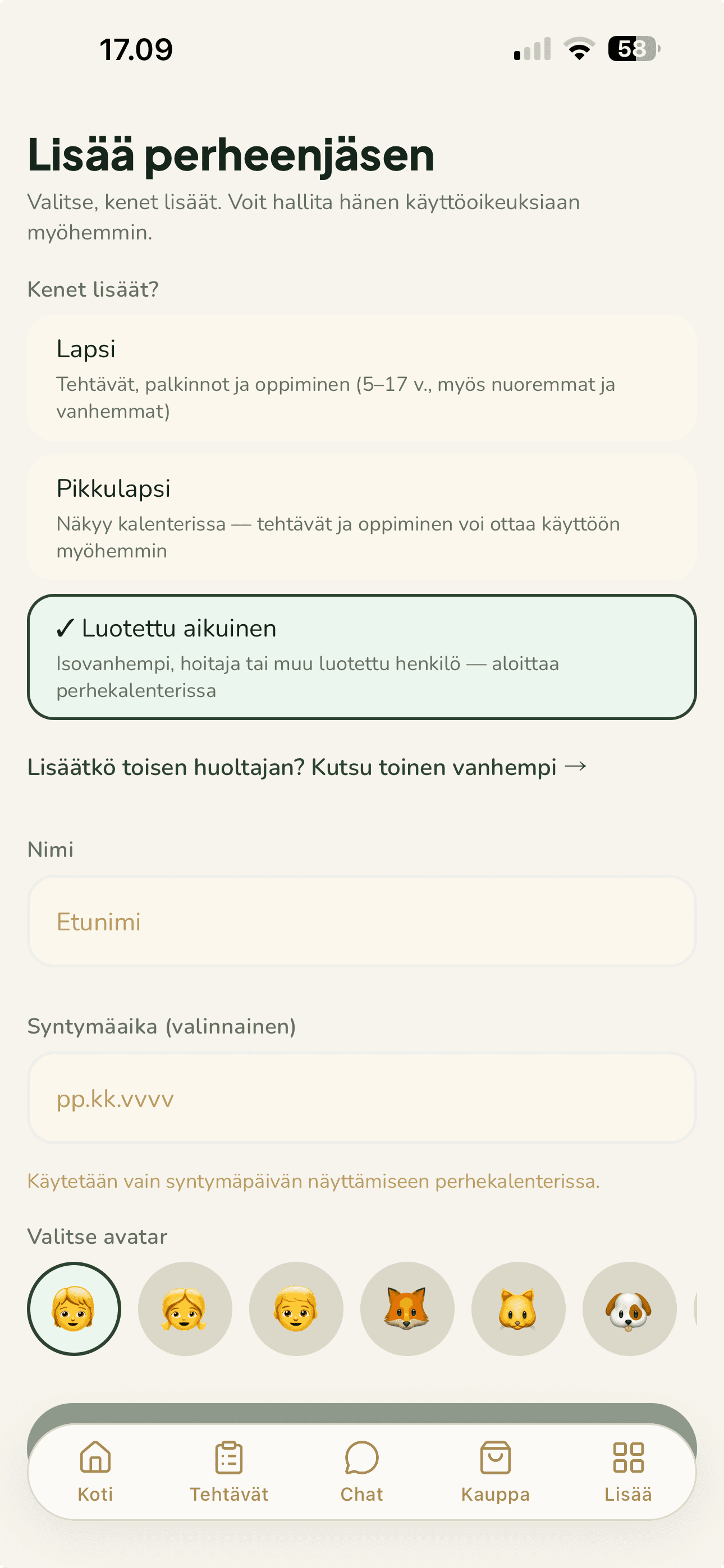 Taimin Lisää perheenjäsen -näkymä, jossa Luotettu aikuinen on valittu ja isovanhempi, hoitaja tai muu luotettu aikuinen voidaan kutsua perheeseen.