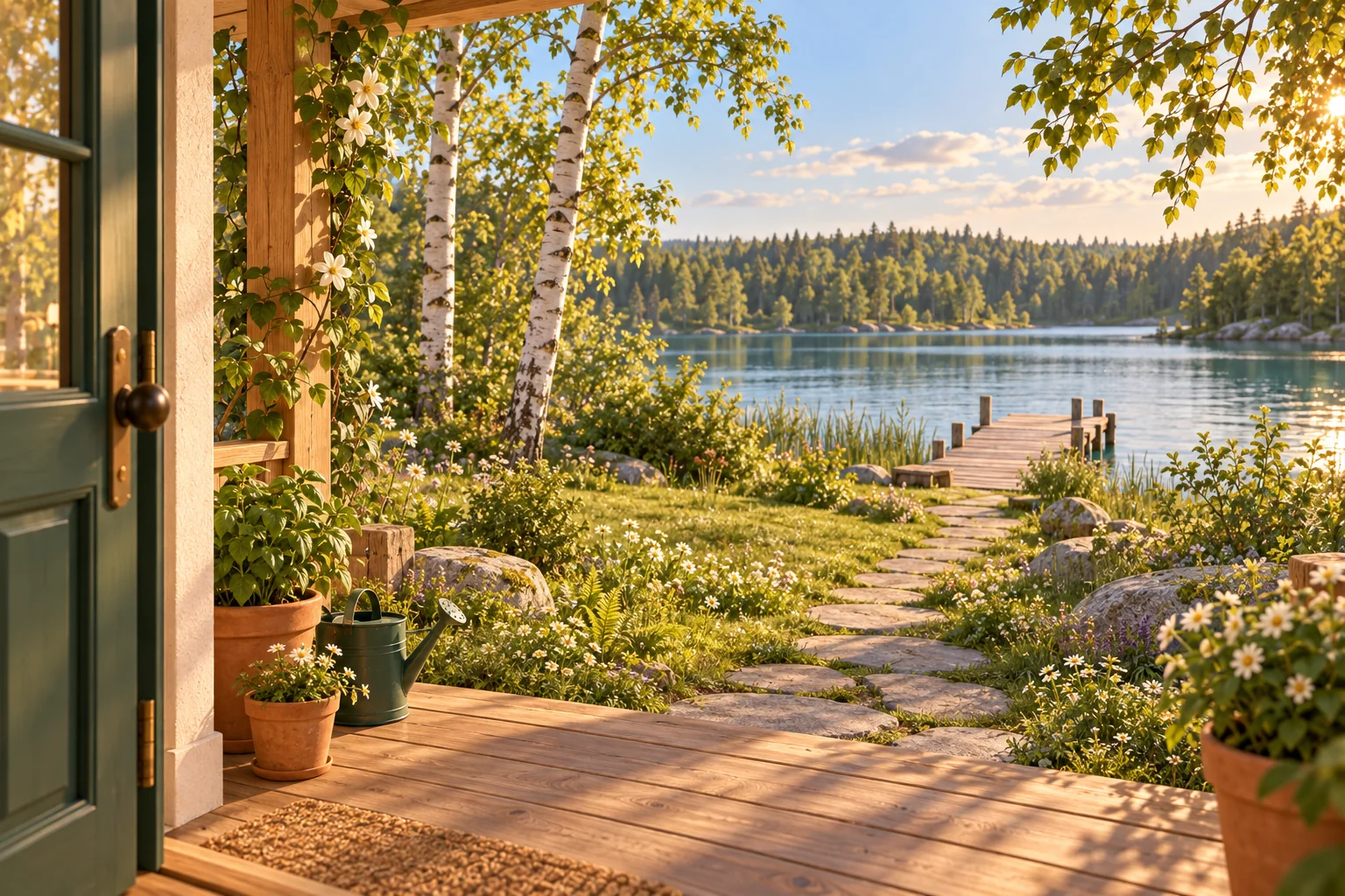 Vihreältä takaovelta kulkee puutarhan halki polku koivujen välistä järven laiturille.